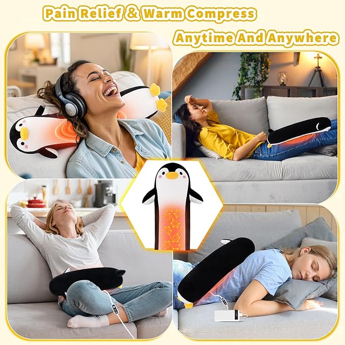 Penguin Heating Pad-USB Heated Plush Stuffed Animals for Period Cramps and Menstrual Pain Relief,20” Portable Electric Heating Pad,Built-Pocket Plushies for Women Girls Birthday Gifts