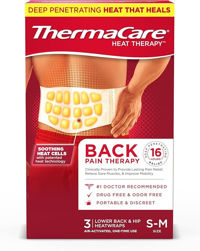 ThermaCare Advanced Back & Hip HeatWraps - Long-Lasting, Disposable Heat Therapy for Lower Back Pain, Muscle Soreness, & Herniated Discs - Drug-Free (S-M, Pack of 3)