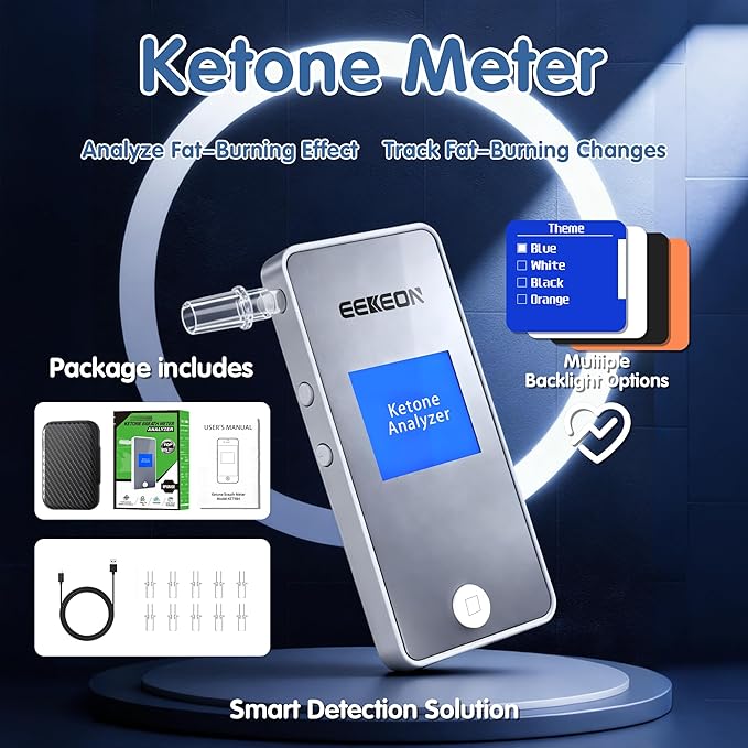 Ketone Meter, Professional Ketosis Breath Analyzer, Accurate Breath Keto Monitor with Type-C Charging and Data Tracking for Ketogenic Lifestyle and Health Management, Includes 10 Mouthpieces (Grey)