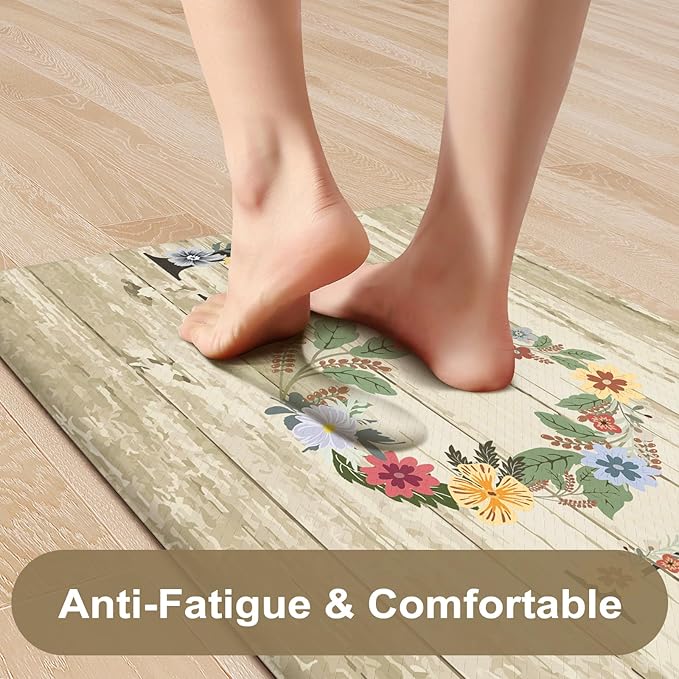 KIMODE Anti Fatigue Kitchen Mats for Floor 2 Piece,Farmhouse Floral Rugs Cushioned,Comfort Memory Foam Carpet Non Slip for Sink Laundry Office Bathroom,Beige 17"x47"+17"x29"