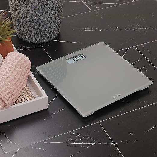 Taylor Digital Scales for Body Weight, 350 LB Capacity Bathroom Scale, 11.0 x 11.0 Inch Durable Glass Platform, Battery Powered, Easy to Read, Gray