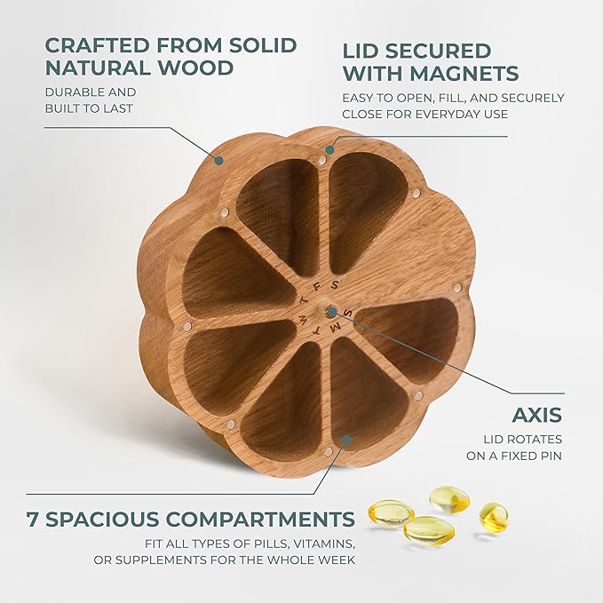 Makety Cute Pill Organizer, 7 Day Vitamin Holder with Magnetic Lid, Floral Design, Solid Oak Wood