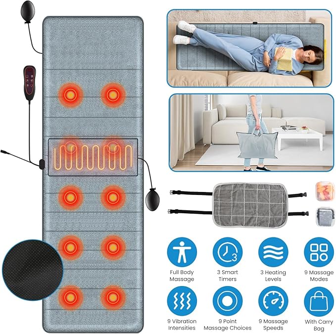 KOCASO Full Body Massage Mat with Heat Electric Vibration Massage Pad Back Massager Inflatable Head Pillow for Chair 10 Motors 9 Modes 3 Heat Levels Lumbar Pillow for Gift/Type 5 with 2 Earplugs
