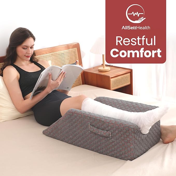 AllSett Health Single Leg Elevation Pillow Post Surgery, Memory Foam Ankle Knee and Leg Wedge Pillow - 29 Inch x 13 Inch x 9.5 Inch