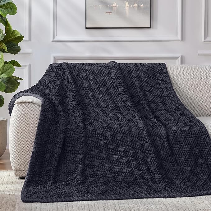 Knitted Weighted Blanket for Adult, Chunky Knit Weighted Throw for Sleep 50"*60" 7lbs, Cooling Breathable Heavy Blanket for Hot Sleepers, Machine Washable Blanket for Room Decor(Dark Grey)