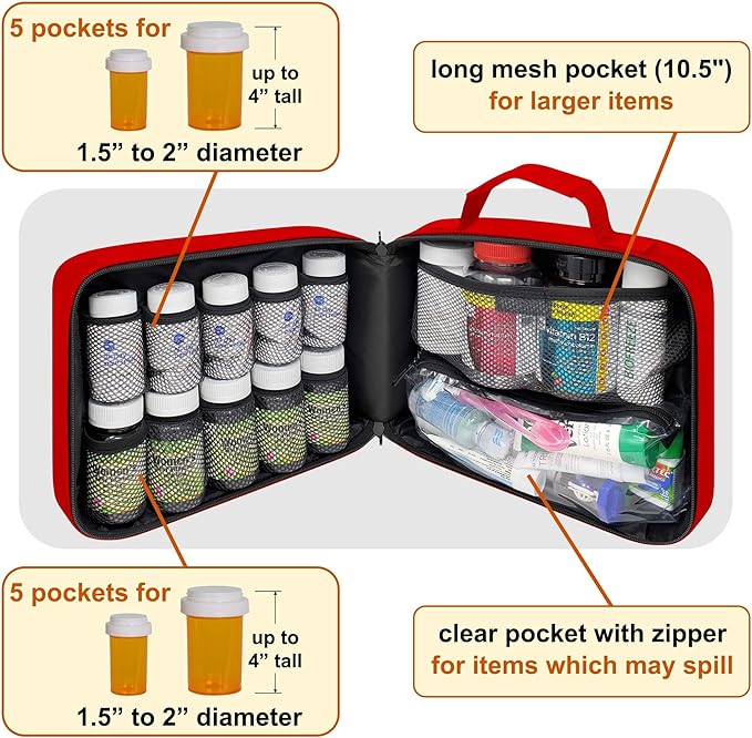 Large Pill Bottle Organizer - 10 Pockets Medicine Bag for Travel & Home Storage - Red