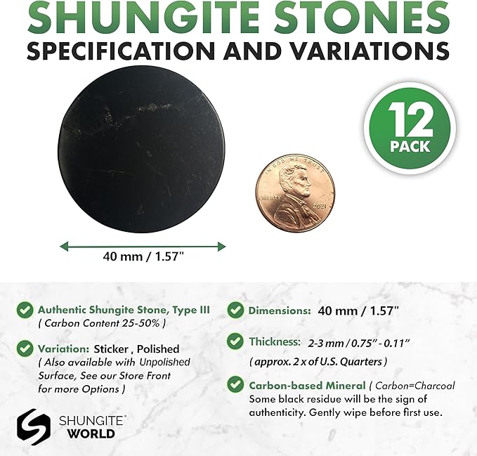 12 pcs Authentic Shungite Stickers Polished 40 mm / 1.57" Genuine Healing Energy Stone Protection Plate for Cell Phone Case Tablet Laptop Computer Noble Gemstone Protector Crystal