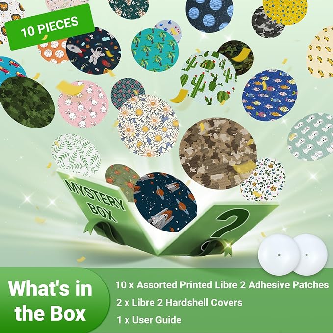 Freestyle Libre 2 & Lingo Colorful Adhesive Patches, 2pcs Protective Hardshell Cover + 10pcs Surprise Pattern Sensor Patches,Multiple Protection for CGM Glucose Monitor