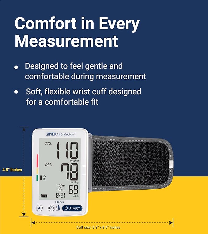 A&D Medical Essential One Wrist Blood Pressure Monitor for Home Use, UB-543, BP Adjustable Cuff (5.3-8.5"/13.5-21.5 cm), 2 Users, One Button Operation, 60 Reading Memory, Carrying Case, 2 AAA Battery