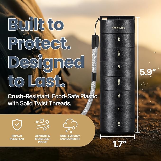 Ankomn 7 Day Travel Pill Organizer - IPX7 Rating Waterproof, Airtight & Portable Pill Case for Vitamins - Durable Weekly Supplement Case with Stackable Compartments for Outdoor Use - Black