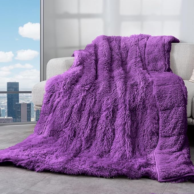 Cottonblue Weighted Blanket 15lbs 60x80 inches for Queen Bed, Faux Fur Sherpa Weighted Blanket for Adults, Plush Cozy Bed Blanket with Glass Beads for Calm and Relax, Purple