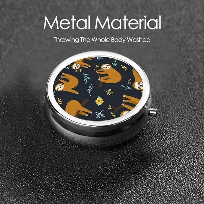 Metal Silver 3 Compartment Pill Box Pocket Portable Mini Travel Pill Case Small Round Decorative Medicine Box Vitamin Pill Organizer with Sloth