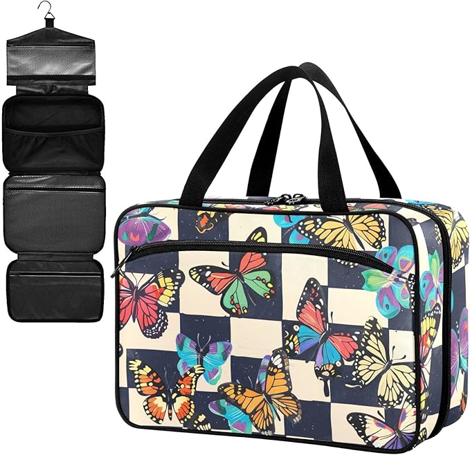 Fustylead Colorful Butterflies Print over Checkers Background Large Medical Supplies Organizer Bag with Zipper Empty First Aid Bag Trauma Kit for Traveling Hiking Camping