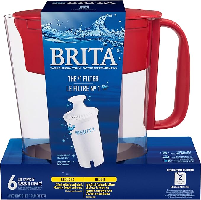 Brita Water Filter Pitcher for Tap and Drinking Water with 1 Standard Filter, Lasts 2 Months, 6-Cup Capacity, BPA Free, Red