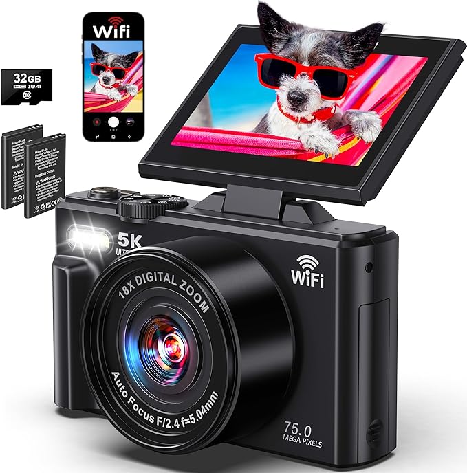 5K Digital Camera for Photography - WiFi 75MP Vlogging Cameras for YouTube - UHD Autofocus Video Camera 3" 180° Flip Screen with 18X Zoom - Compact Vlog Travel Camara with 32GB SD Card, 2 Batteries