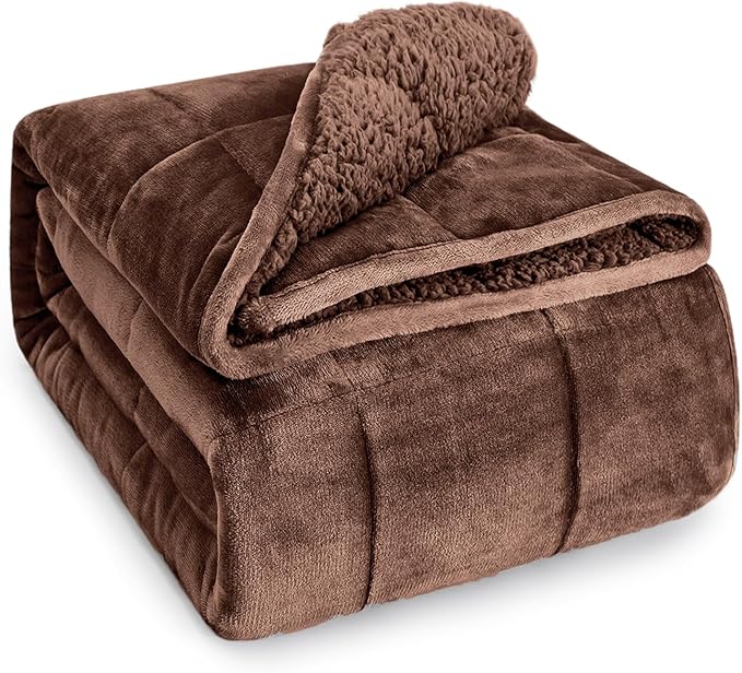 Wemore Sherpa Fleece Weighted Blanket for Adult, 20 lbs Dual Sided Cozy Fluffy Heavy Blanket, Ultra Fuzzy Throw Blanket with Soft Plush Flannel Top, 60 x 80 inches, Coffee Brown on Both Sides