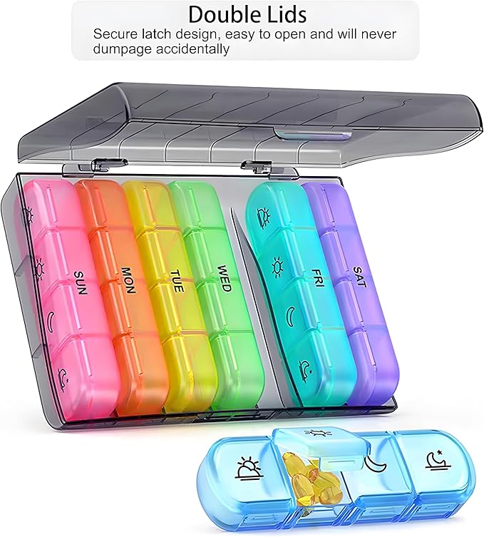 Weekly Pill Organizer 3 Times a Day, Portable Travel Pill Box 7 Day with Large Pill Containers, Daily Pill Box with 21 Compartments, Light-Proof Pill Container for Medications, Vitamins, Fish Oils