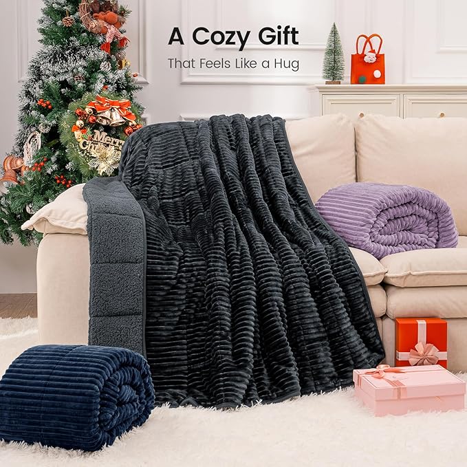 Sherpa Fleece Adult Weighted Blanket with Ribbed Stripes, 15 Pounds Dual Sided Soft Plush Blanket for Couch Bed Sofa, Heavy Thick Blankets with Glass Beads Great for Sleep, Dark Grey, 48" x 72"