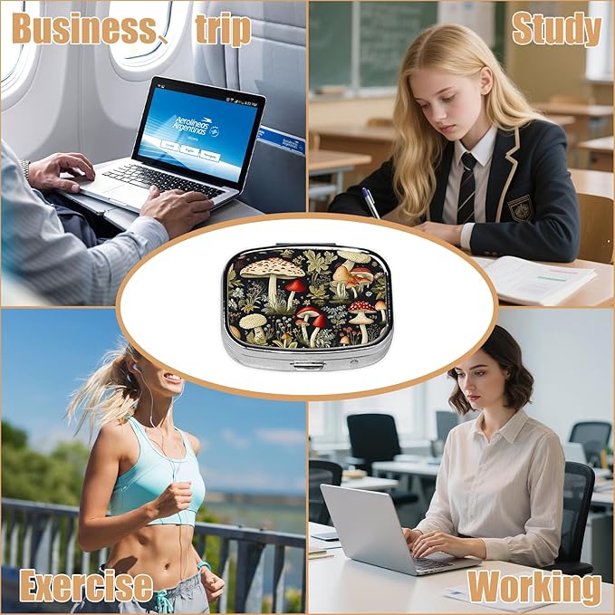 Pill Box-2 Compartment Small Pill Case Square Organizer Case with Mirror Portable Metal Medicine Box Travel Container for Pocket & Purse Women Men(Mushroom)