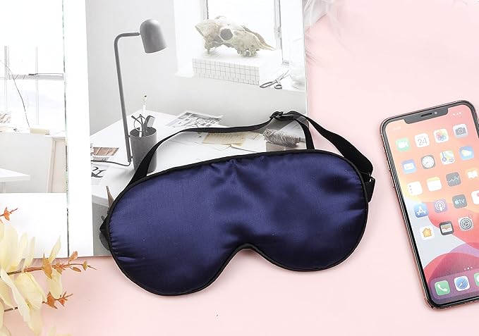 Silk Sleep Mask with Adjustable Strap, Blocks Out Light and Helps Sleep Better | Eye Mask for Yoga, Shift-Work, Migraines, Puffy Eyes | Blindfold Comes in a PE Zip Bag (Navy Blue)