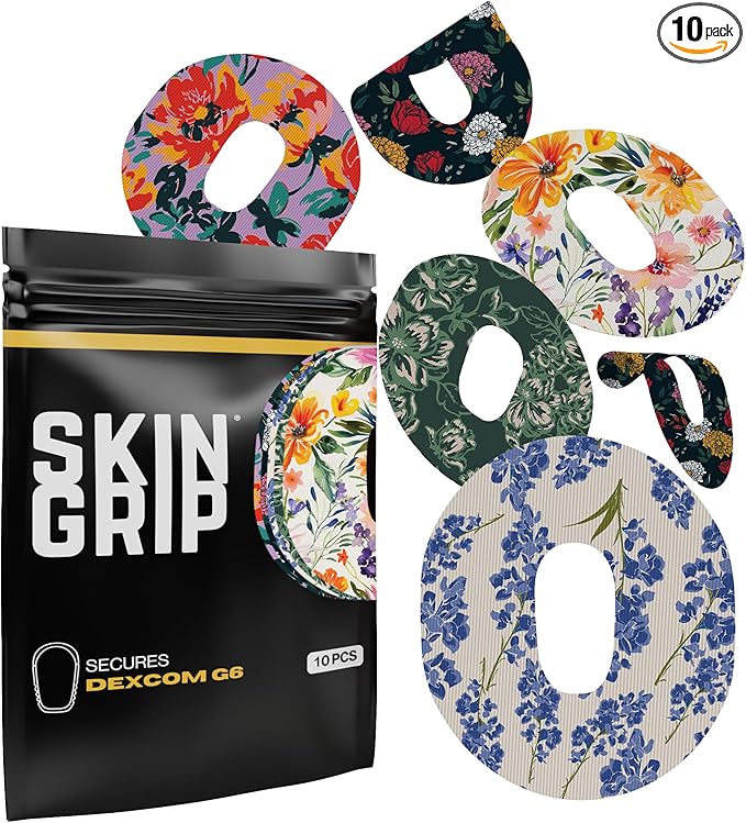 Skin Grip Dexcom G6 Adhesive Patches with Cutout, Waterproof & Sweatproof Overpatch, Lasts 10-14 Days, Continuous Glucose Monitor Patch, CGM Sensor Cover – 10 Pack, Floral