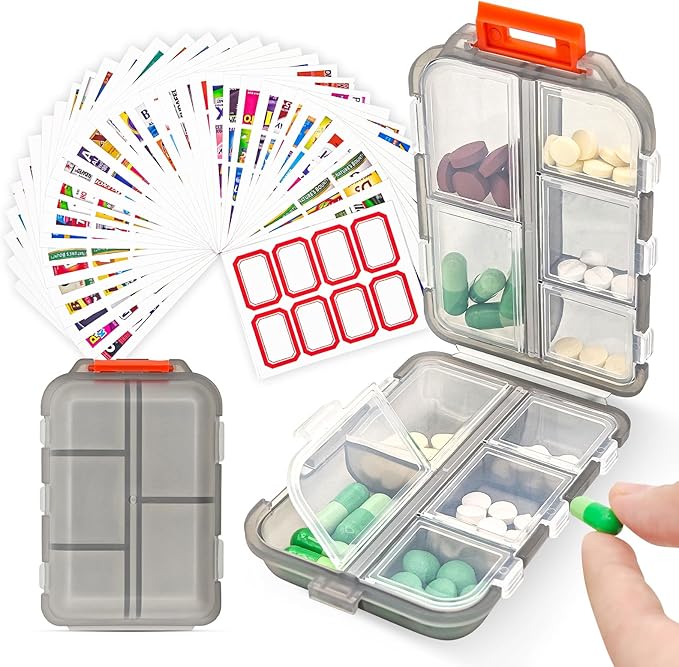 Pill Organizer with Medicine Labels, 10 Compartments Travel Pill Box with Removable Labels, Portable Foldable Supplement Box Holder for Fish Oil Vitamin