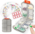 Pill Organizer with Medicine Labels, 10 Compartments Travel Pill Box with Removable Labels, Portable Foldable Supplement Box Holder for Fish Oil Vitamin