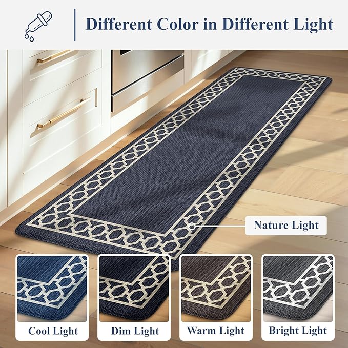LEEVAN Kitchen Mats for Floor Set of 2,Anti Fatigue Mats for Kitchen Floor,Navy Blue Cushioned Non Slip Boho Standing Mat,Waterproof Memory Foam Comfort Kitchen Floor Mat for Sink(20"x31"+20"x47")
