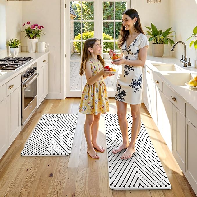 KIMODE Kitchen Mats Cushioned Anti Fatigue, Geometric Kitchen Rugs Sets of 2, Non Slip Waterproof Kitchen Floor Mats, Comfort Standing Mats for Laundry Office Sink Desk 17"x47"+17"x29" Black Diamond