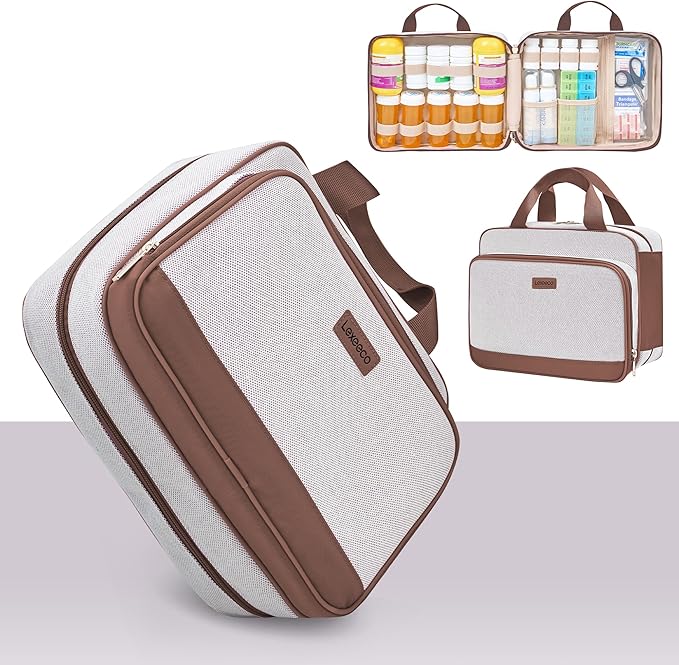 Travel Medicine Organizer Bag, Pill Organizer Case,Carrier for Medications,Vitamins,Fish Oil and Medical Supplies Pill Bottle Organizer and Home Storage Med Bag(Brown)