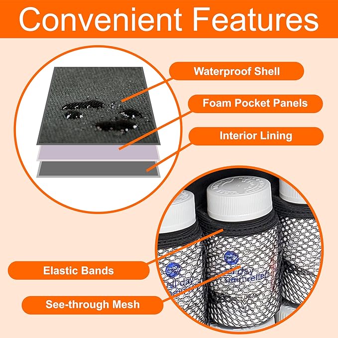 Large Padded Modular Pill Bottle Organizer, Medicine Bag, Case, Carrier for Medications, Vitamins, and Medical Supplies - for Home Storage and Travel - Black (Without Lock)