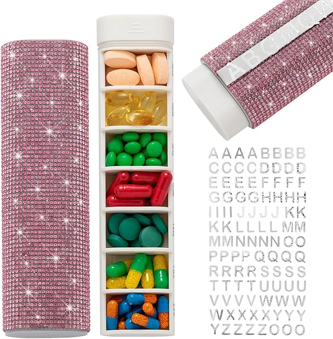 Pill Case for Purse Bling 7-Day Pill Organizer Weekly Compact Medicine Containers Travel Medication Box Holder for Traveling Women(Pink)