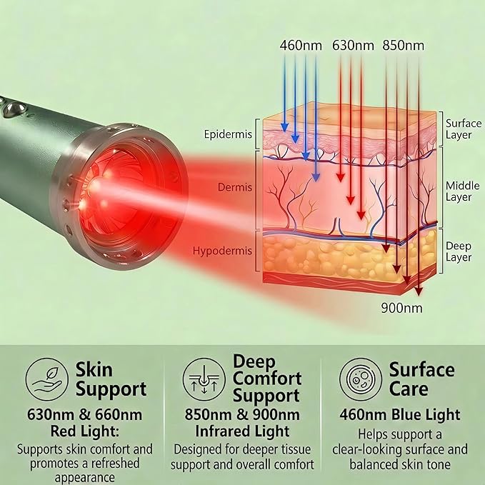 Red Light Therapy Wand, 2-in-1 Handheld Device for Lip & Mouth Care, Red & Infrared Light for Muscle & Joint Comfort, 5 Wavelength Modes (460nm, 630nm, 660nm, 850nm, 900nm), Rechargeable