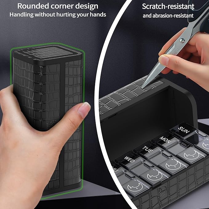 Pill Organizer 7 Day AM PM, Discreet 2 Times a Day Weekly Pill Box with Double Protection Shell, Large Capacity Portable Vitamin Case for Travel Meds & Medicine Organizer (Black)