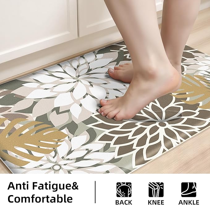 Kitchen Mats for Floor 2 Piece Cushioned Anti Fatigue Kitchen Mats Waterproof Non Slip Kitchen Mat Rug Set Comfort Foam Standing Mat for Sink, Laundry, Office, Brown White
