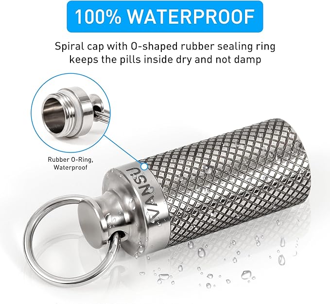 Titanium Waterproof Keychain Pill Holder Container,Portable Mini Size Pill Box Case for Outdoor Travel Camping