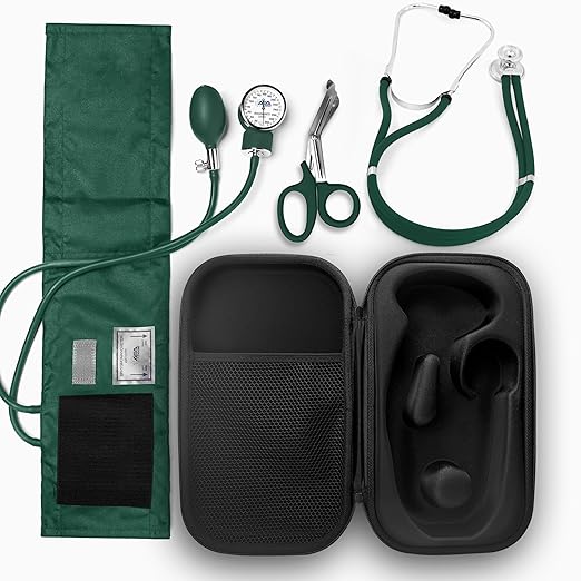 ASA TECHMED Medical Starter Kit – Stethoscope, Durable Blood Pressure Monitor, EMT Shears & Protective Carrying Case – Ideal for Healthcare Students & Professionals, Hunter Green