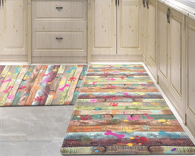 Extra Large Kitchen Mats Cushioned Anti Fatigue Farmhouse Kitchen Mats for Floor 2 PCS Waterproof Non-Slip Comfort Standing Mat, Dog Paw and Bone(Green/Multicolor)
