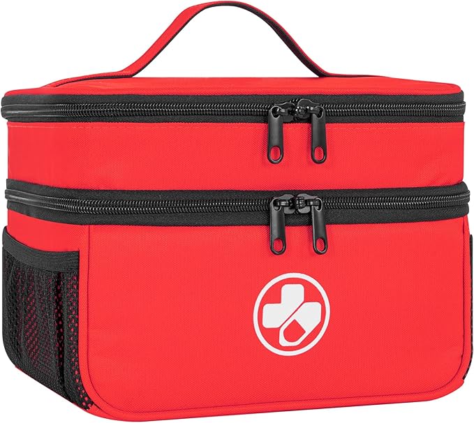 Dual Layers Medicine Organizer Bag, Pill Bottle Organizer Storage with Lockable Zipper, Lockable Medicine Travel Case for Pills, Vitamins, Medical Supplies, Red（Lock not Included）