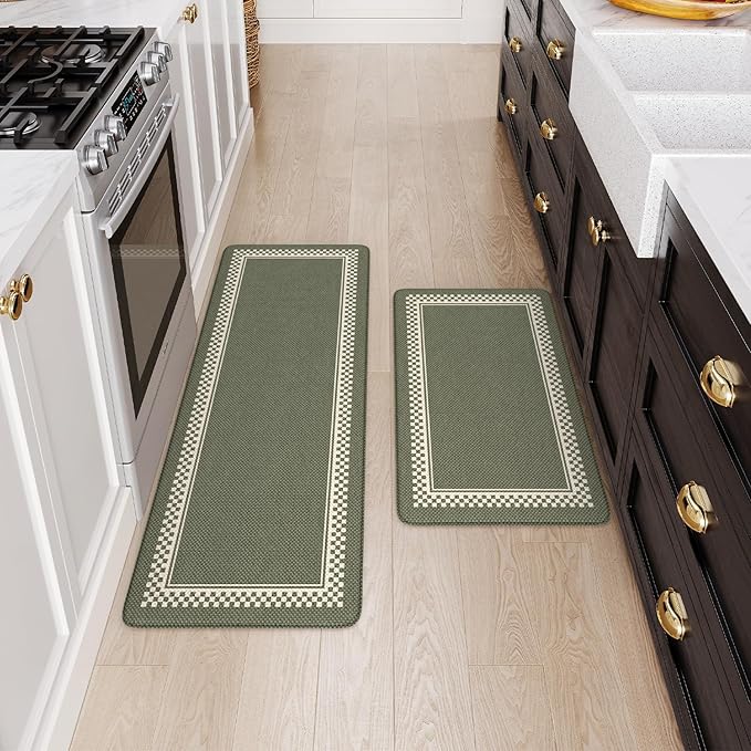 Anti Fatigue Kitchen Mats for Floor 2PCS, Non Slip Kitchen Rugs and Mats, Memory Foam Kitchen Mat, Heavy Duty Ergonomic Comfort Rugs for Kitchen Floor, Office, Sink, Green