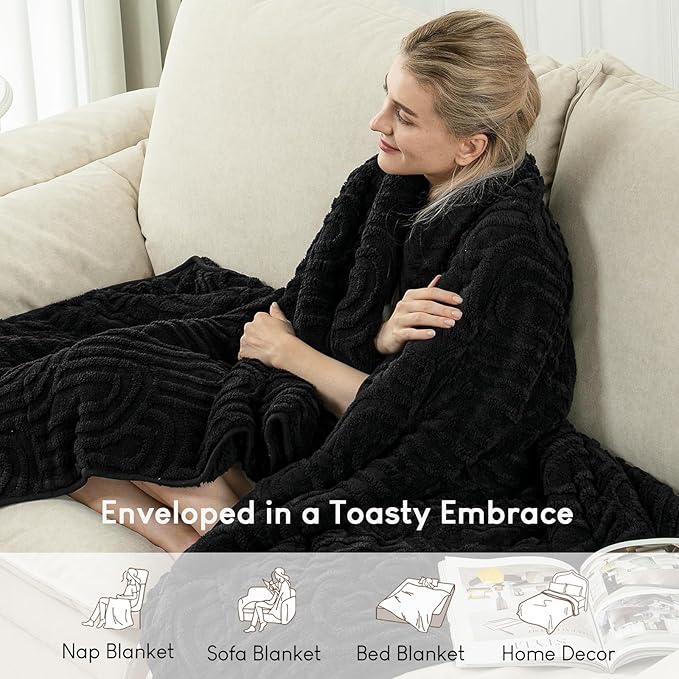 Cottonblue Jacquard Weighted Blanket for Adults 15 lbs Queen Size, Cozy Fluffy Sherpa Fleece Weighted Throw Blankets 60" x 80" for Sleep Relax, Fuzzy Warm Arch Heavy Blanket Soft for Bed Couch, Black