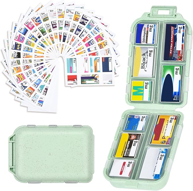 Large Travel Pill Organizer with Medicine Labels, 10 Compartments Travel Medicine Organizer Daily Pill Container Travel Pill Box Purse Pill Case (Green, 189 Lables)