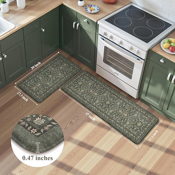 KIMODE Comfort Kitchen Mats for Floor Cushioned Anti Fatigue,Boho Vintage Kitchen Rugs Sets of 2 Non Slip,Memory Foam Kitchen Floor Mat Carpet for Laundry Office Home Decor,Dark Green