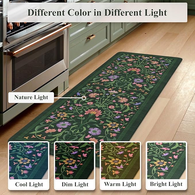Collive Kitchen Mats for Floor, Cushioned Anti Fatigue Mat Green Floral Rugs 2 Piece Non Skid Waterproof Sink Rug, Memory Foam Comfort Standing Mat for Office, Laundry, Desk, 17.3"x29"+17.3"x47"