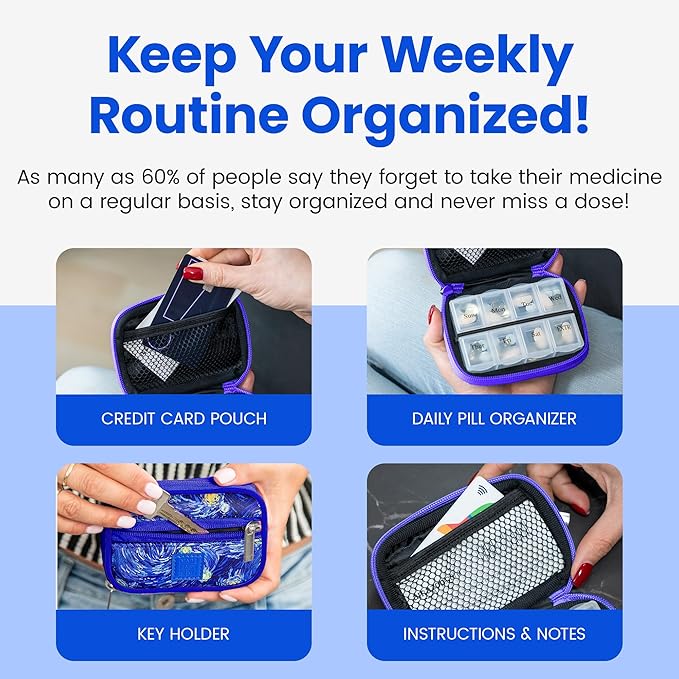 Made Easy Kit Pill Case - Weekly Medicine Organizer with Removable Seven-Day Vitamin & Supplement Box - Premium Neoprene for Travel Purse Accessory (Blue Starry Night)
