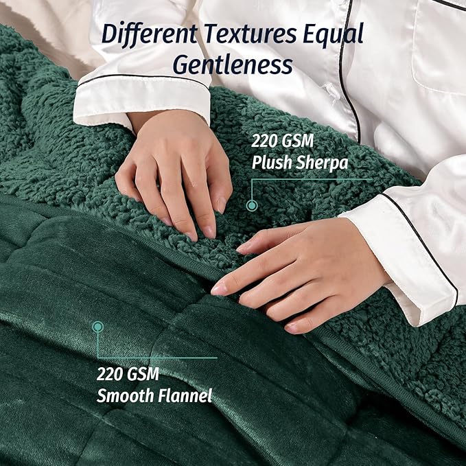 Wemore Sherpa Fleece Weighted Blanket for Adult, 15 lbs Dual Sided Cozy Fluffy Heavy Blanket, Ultra Fuzzy Throw Blanket with Soft Plush Flannel Top, 48 x 72 inches, Green on Both Sides