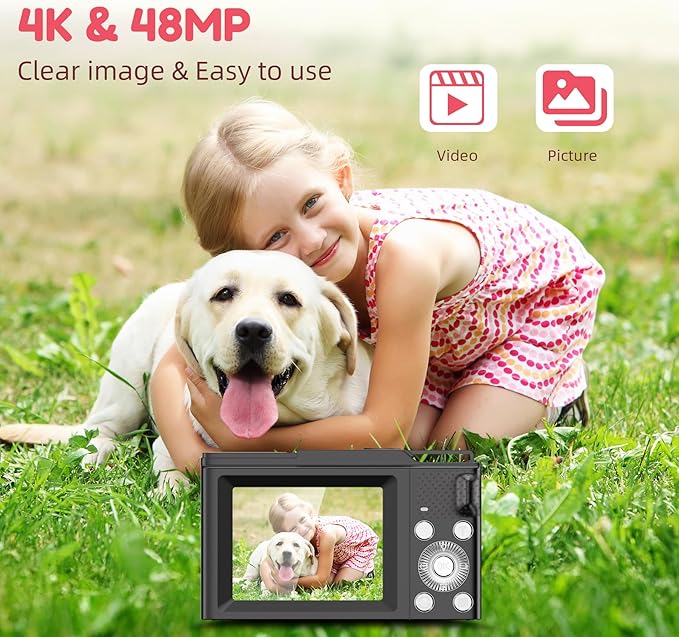 Digital Camera, FHD 4K Digital Point and Shoot Camera with 16X Zoom Anti Shake, 48MP Compact Small Camera with 32GB Card for Boys Girls Kids