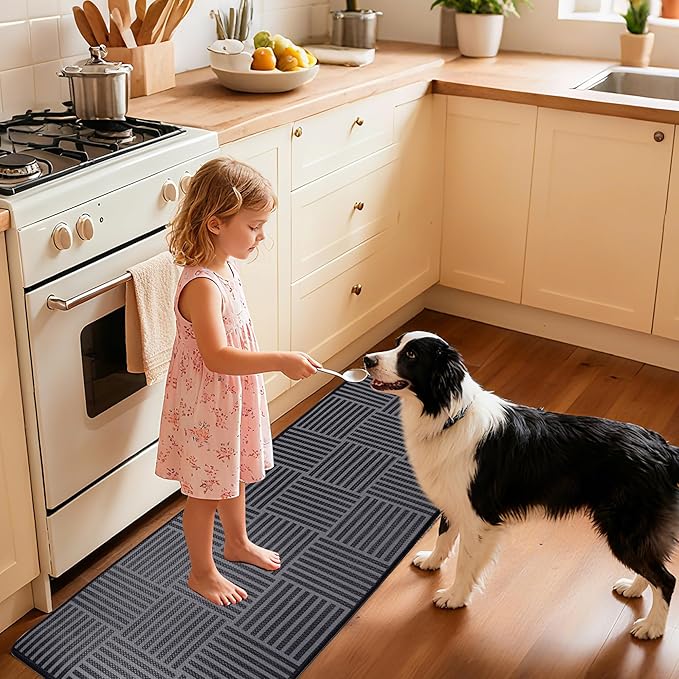 Kitchen Mats For Floor 2 Piece Cushioned Anti Fatigue Kitchen Plaid Rugs Set Non Slip Waterproof Comfort Foam Standing For Laundry,Desk,Office,Bathroom,Apartment Decor,17.3"X29"+17.3"X47",Black