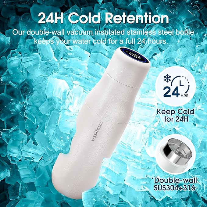 VSITOO 14.8oz Mini Smart Self-Cleaning Water Bottle，Small Insulated Stainless Steel Thermoses with AI Self-Clean, 30-Day Battery & Magnetic Charging for Travel, Gym, Office or Purse, White