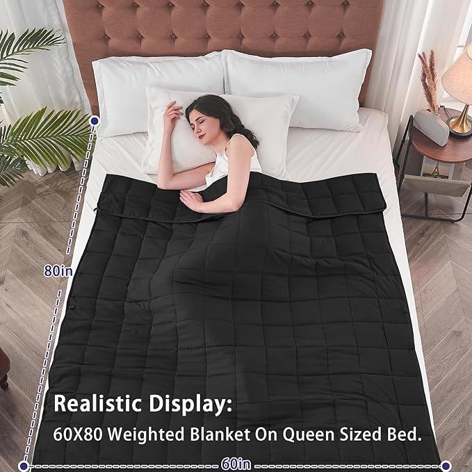 yescool Weighted Blanket for Adults (25 lbs, 60" x 80", Black) Cooling Heavy Blanket for Sleeping Perfect for 240-260 lbs, Queen Size Breathable Blanket with Premium Glass Bead, Machine Washable